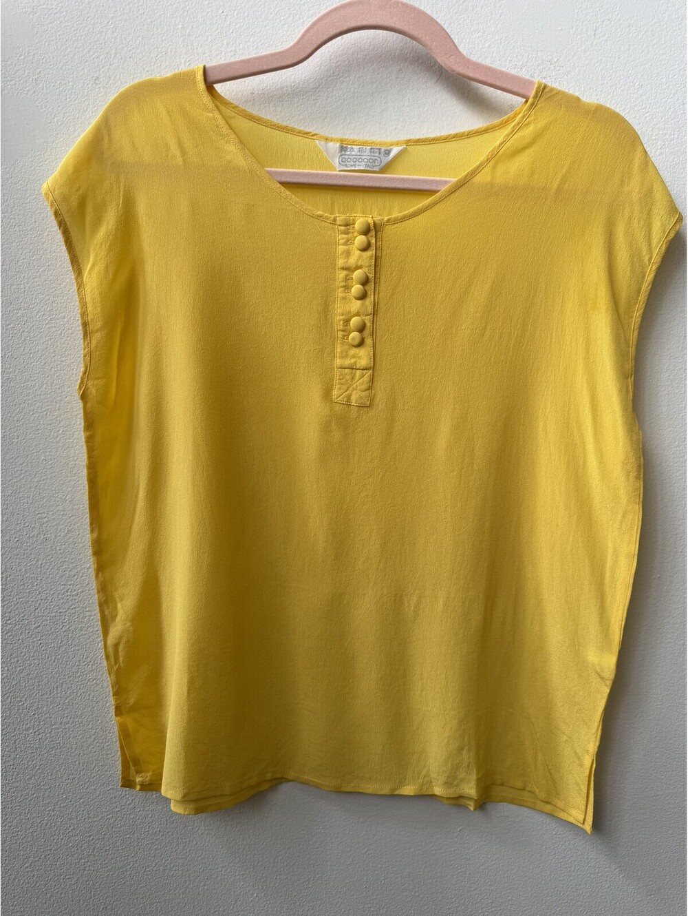 Vintage cocoon Italy 100% Silk Sleeveless Henley Top Marigold Medium